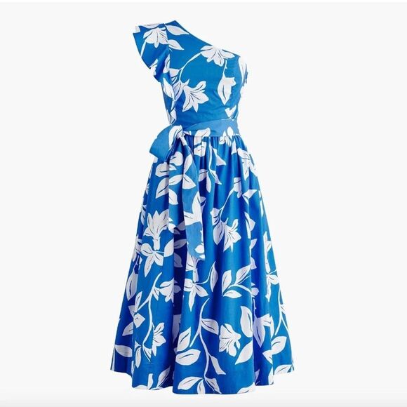 J Crew Summer Blue and White Floral Cotton One Shoulder Swing Dress with Pockets - Picture 1 of 13